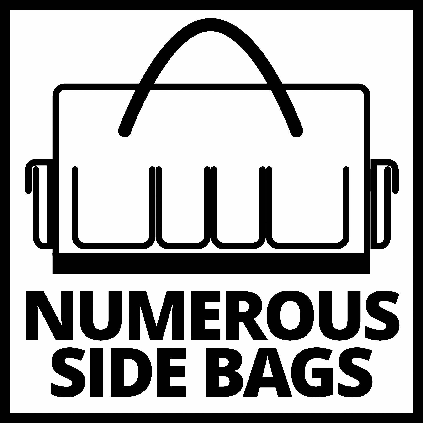 Obrázek zobrazuje stylizovanou tašku s několika postranními kapsami a textem 'Numerous Side Bags'.