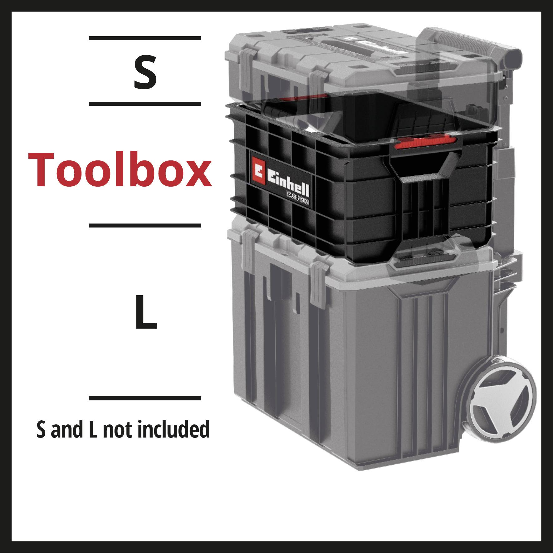 Obrázek zobrazuje stohovatelný box na nářadí od značky Einhell s kolečky. Text 'Toolbox' je zvýrazněn červeně.