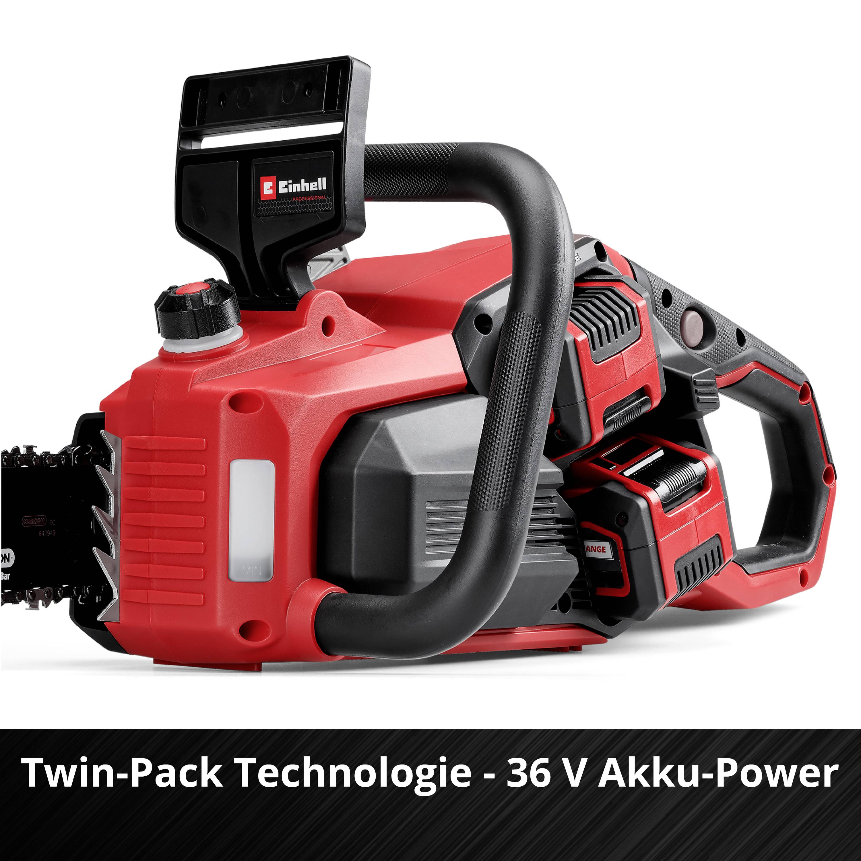 Motorová pila s červeným tělem a černou rukojetí. Nápis "Technologie Twin-Pack - 36V akumulátorový výkon".