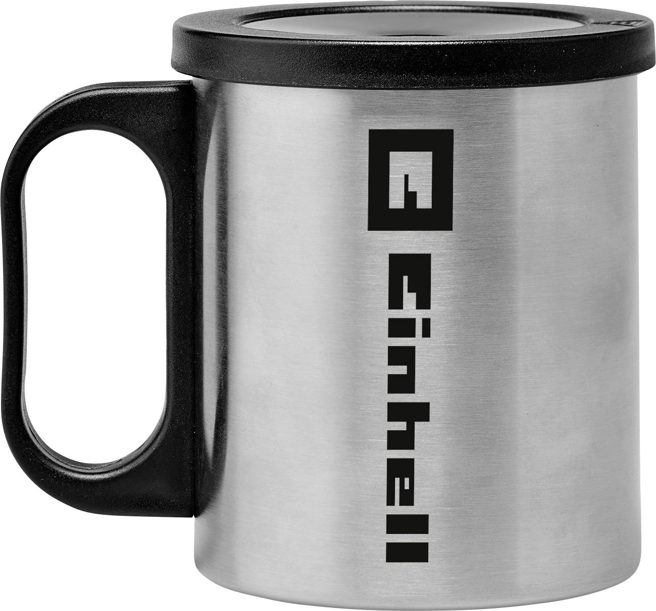 Nerezový terminálek s černou rukojetí a logem 'Einhell', který udrží nápoje teplé nebo studené.