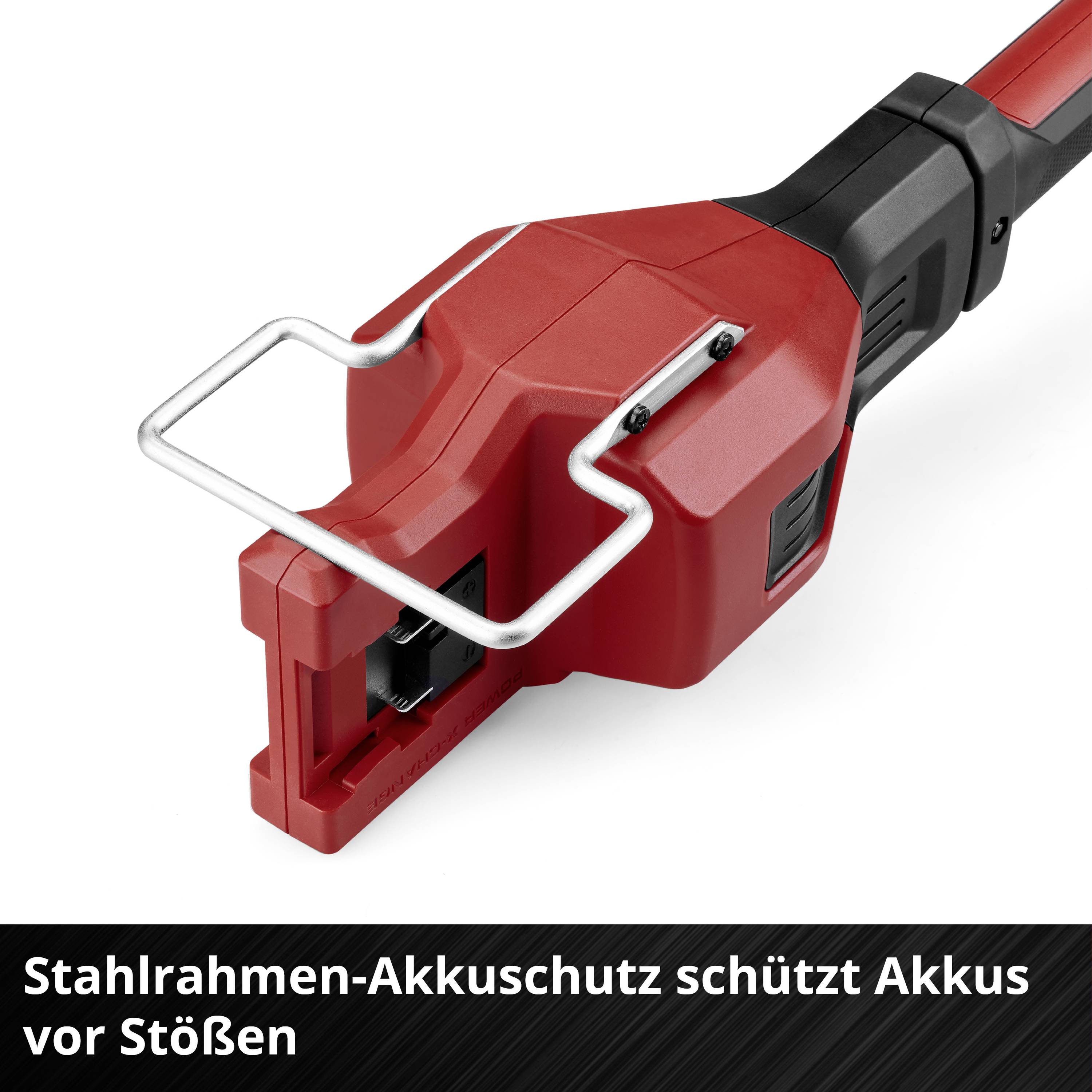 Červený elektrický držák nástroje s ocelovým rámem a ochranou baterií. Text: 'Ochrana baterie s ocelovým rámem chrání baterie před nárazy'.