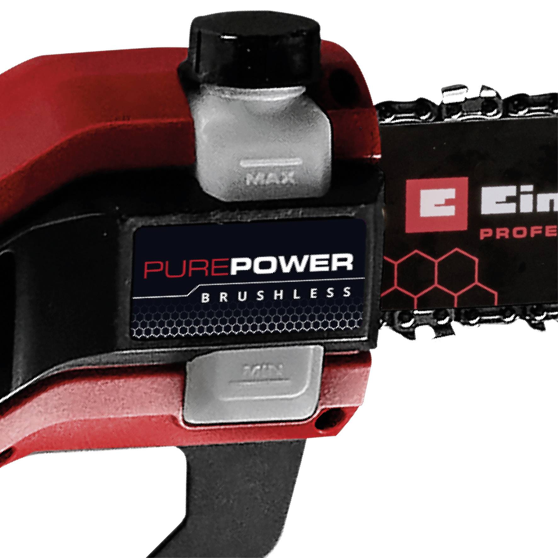 Červená motorová pila s logem 'PUREPOWER Brushless' ležící na stole.
