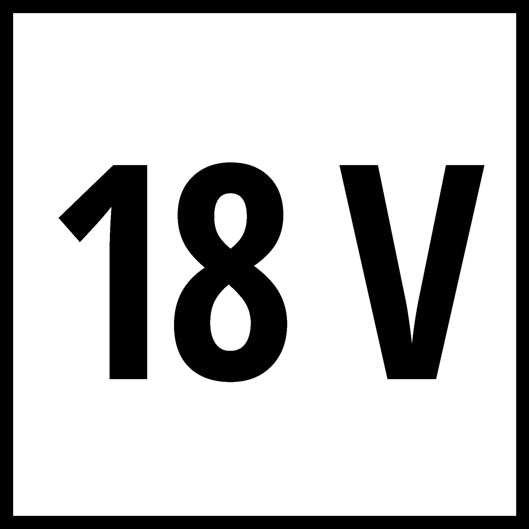 "18 V" černým textem na bílém pozadí v černém rámečku.