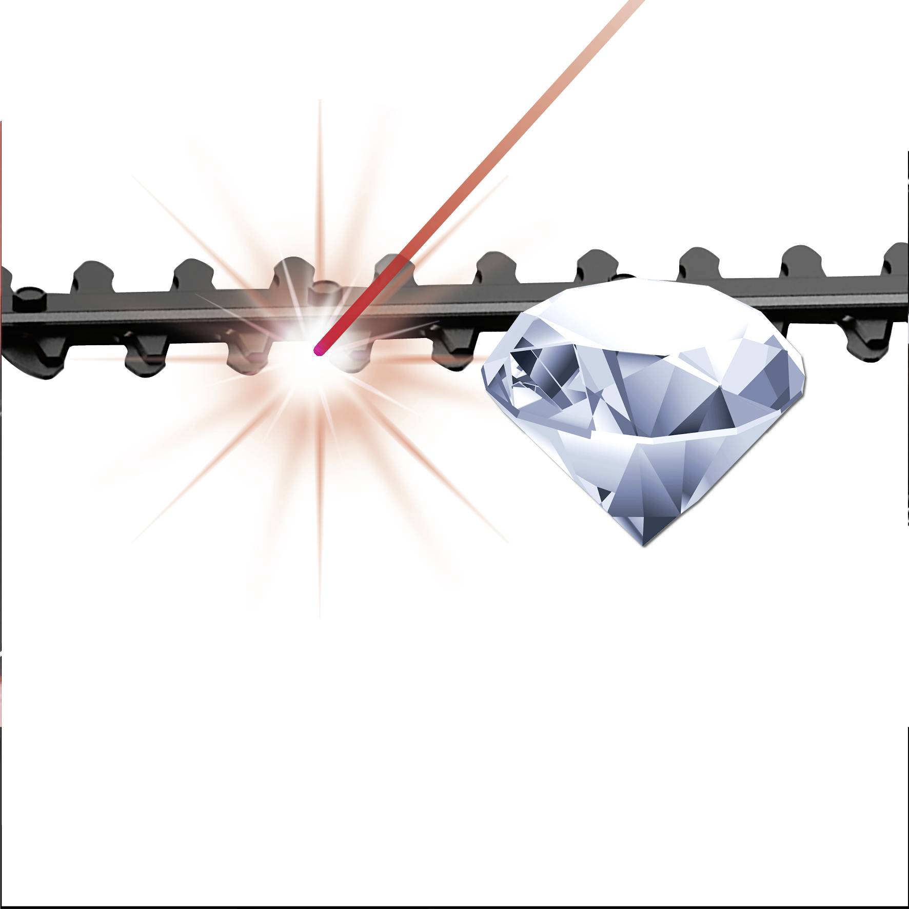 Laser dopadá na diamant a vytváří světelné paprsky. Pozadí zobrazuje černou mřížkovou strukturu.