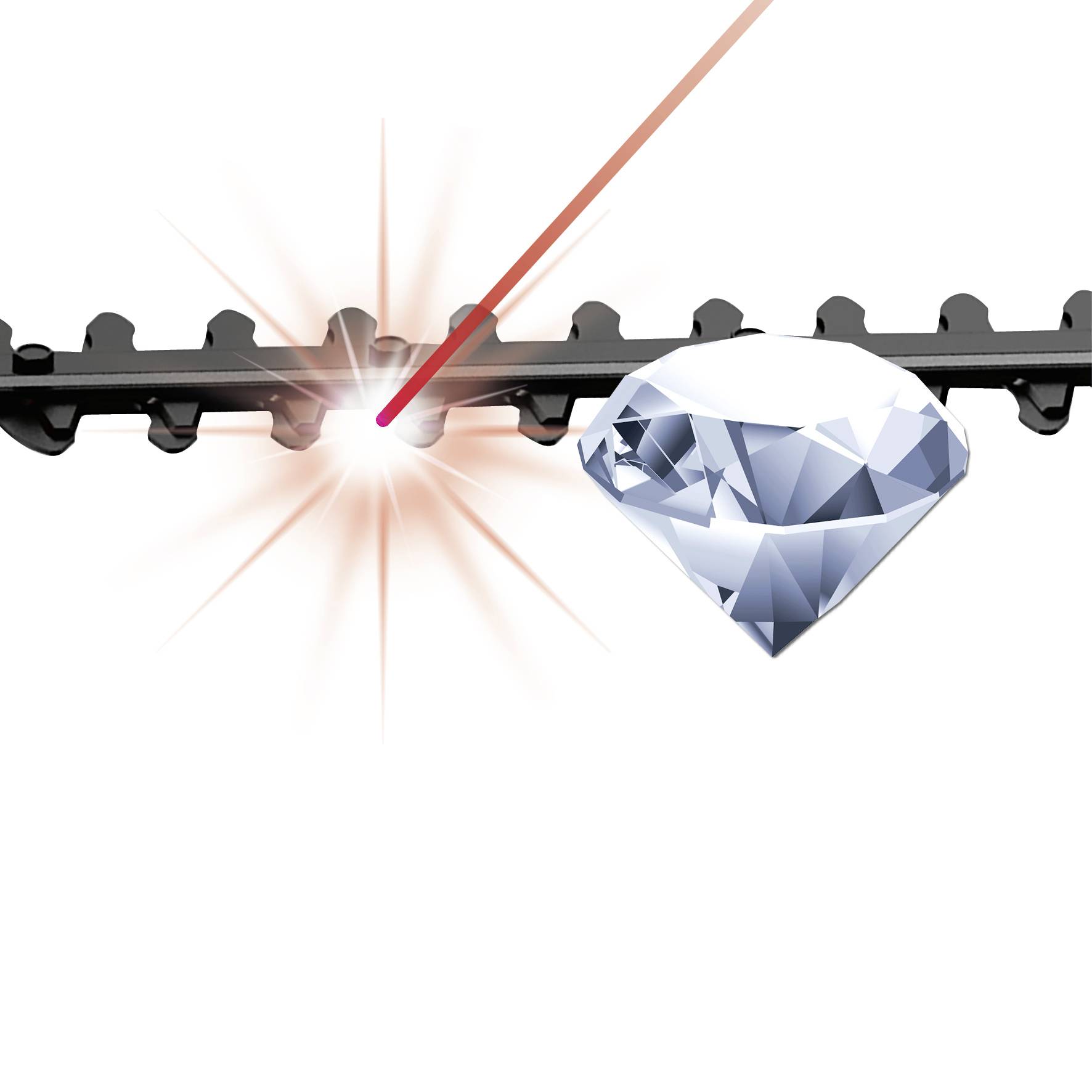 Laserový paprsek dopadá na diamant ležící na dopravníkovém pásu. Diamant se třpytí, když ho laser osvětluje.