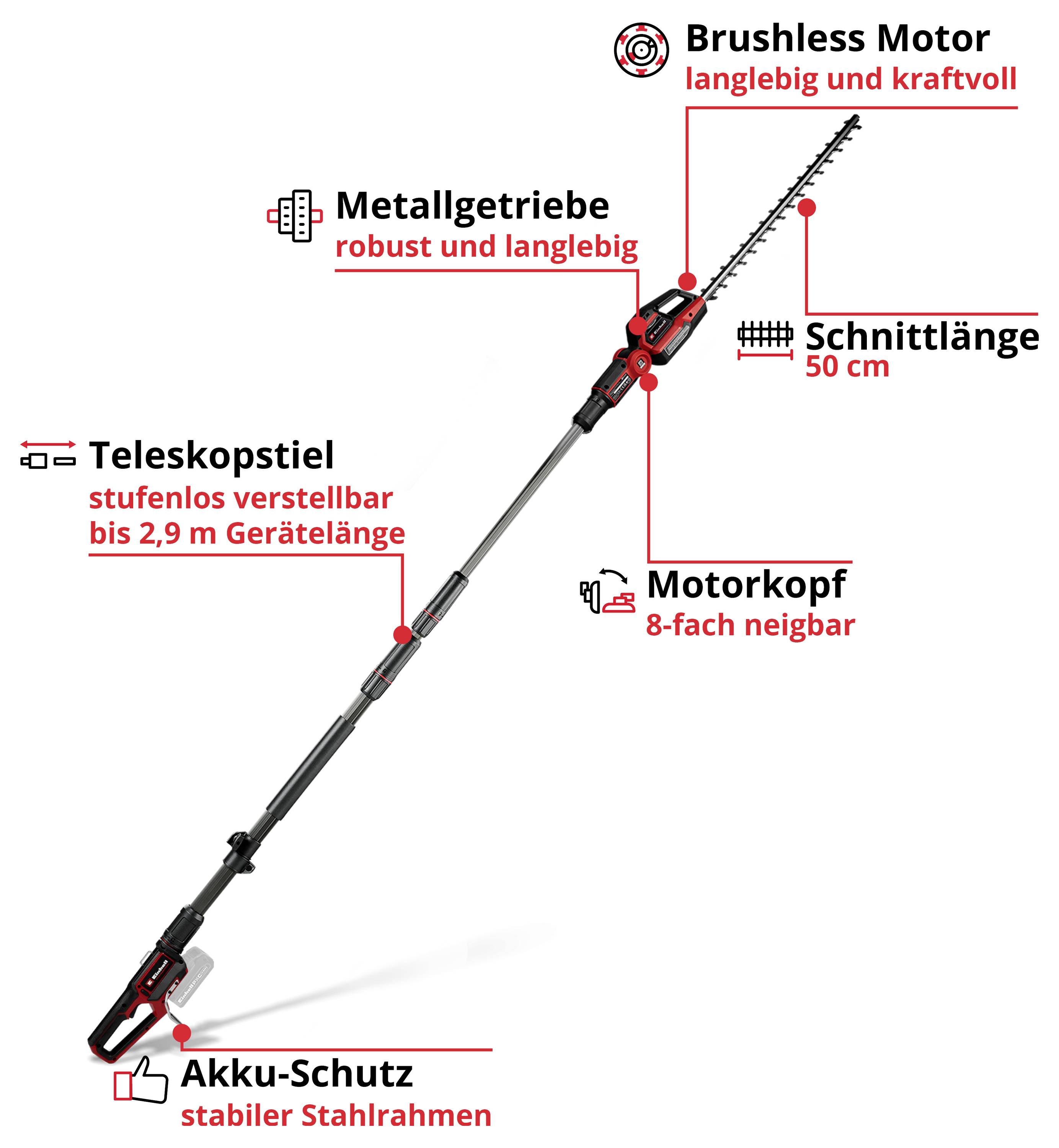 Ilustrace teleskopické pily na větve s akumulátorem: bezkartáčový motor, kovové převodovky, délka řezu 50 cm, motorkopf sklopný 8x, plynule nastavitelný až na 2,9 m