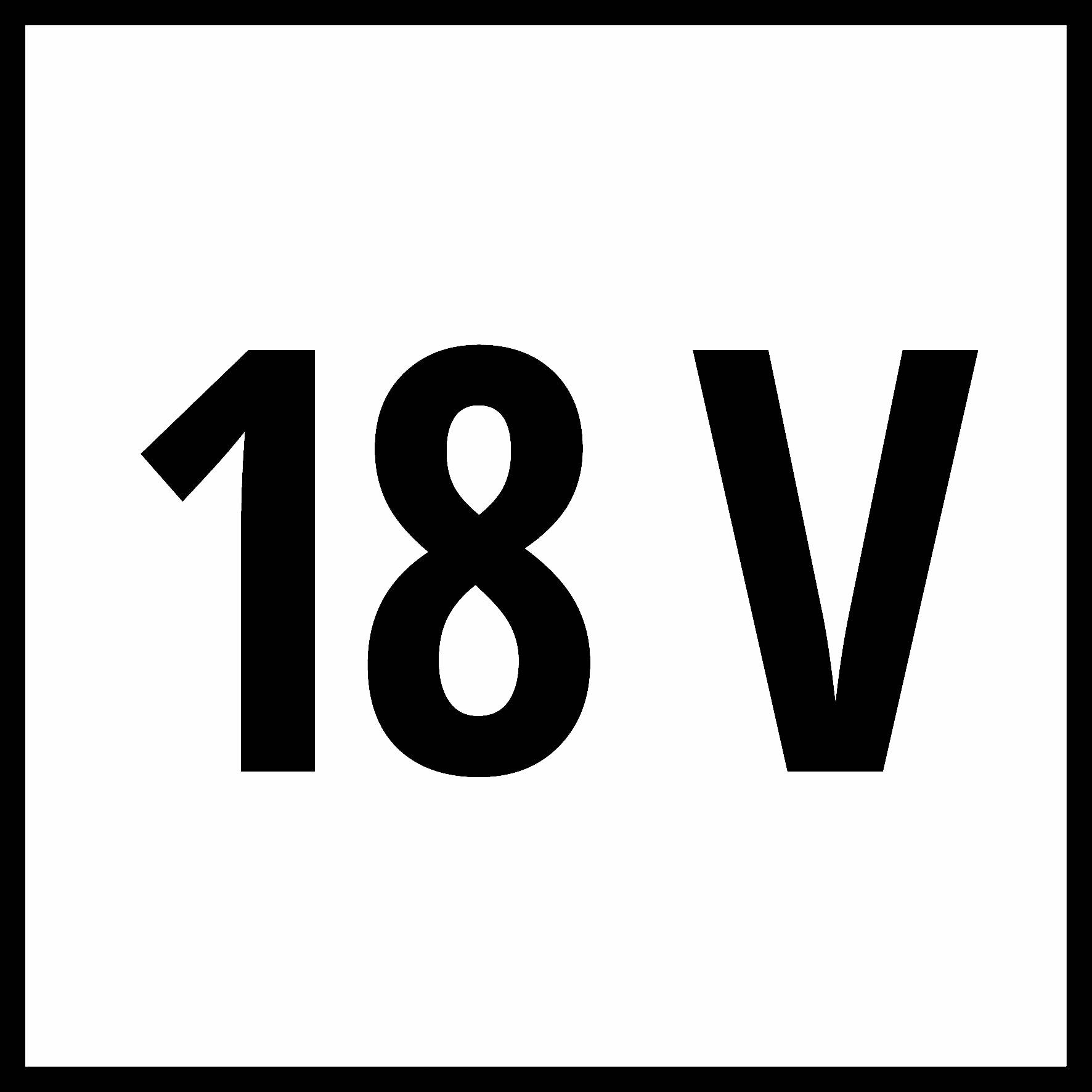 „18 V" černým písmem na bílém pozadí, orámováno černým čtvercem.