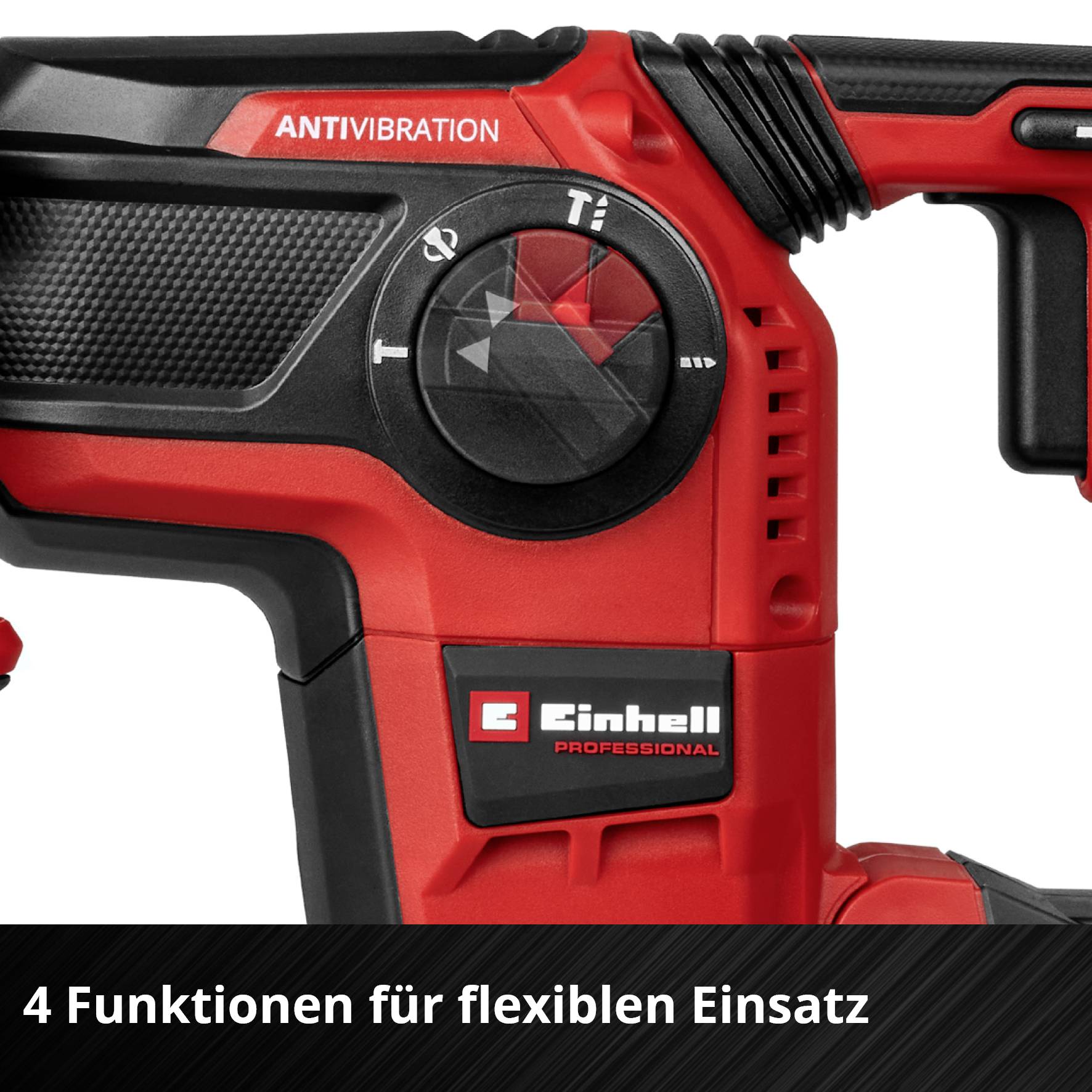 Červený vrtací kladivo s funkcí protiotřesové ochrany, logo Einhell. Text: 4 funkce pro flexibilní použití.