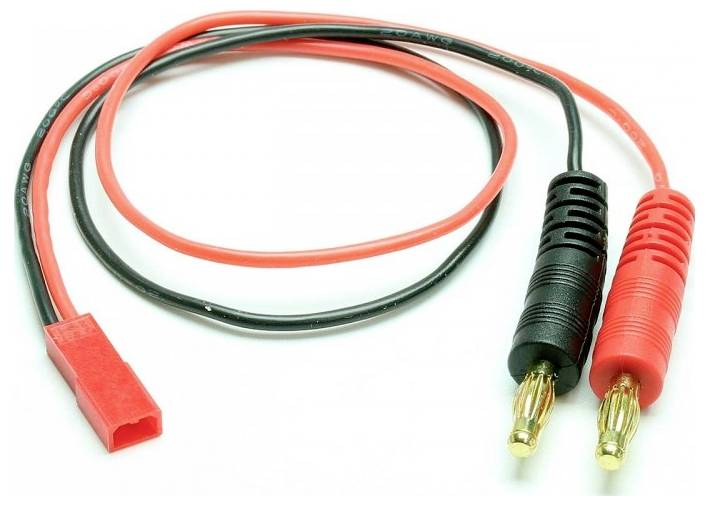 Červený a černý reproduktorový kabel s banánkovými konektory a červeným Tamiya konektorem, vhodný pro audiovybavení.
