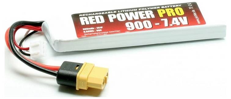 Akumulátor 'Red Power Pro 900 - 7,4V' se žlutou a černou zástrčkou.