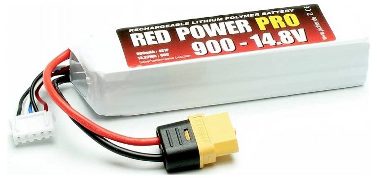 Akumulátor, lithium-polymerový, 900mAh, 14,8V, bílý obdélníkový tvar, červené a černé kabely se zástrčkami, označení "RED POWER PRO".