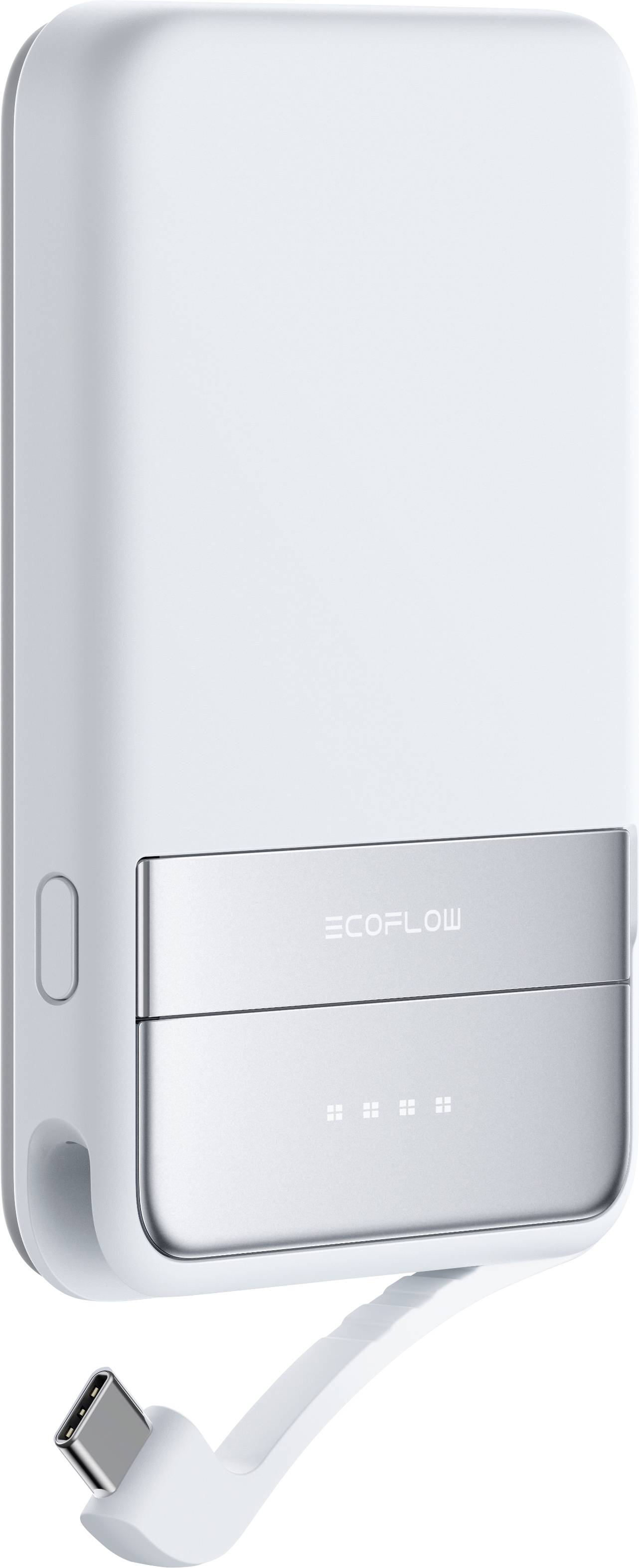 Bílá powerbanka s nápisem 'ECOFLOW'. Je vybavena integrovaným USB-C kabelem a LED indikátory stavu baterie.