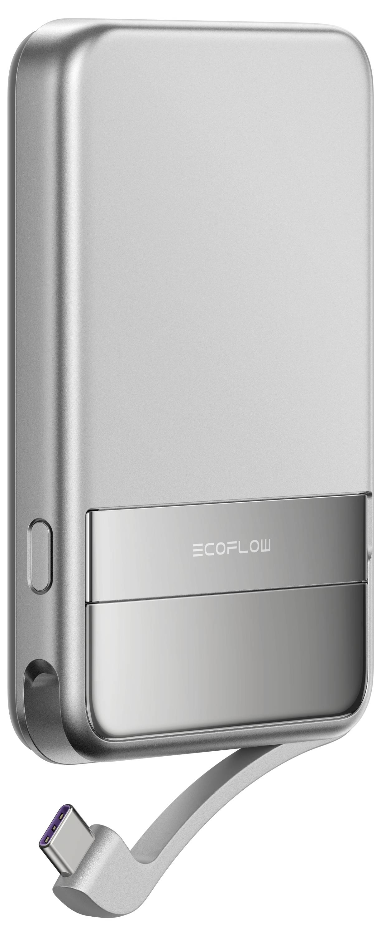 EcoFlow - Stříbrná powerbanka s integrovaným kabelem a USB-C konektorem pro mobilní nabíjení zařízení.