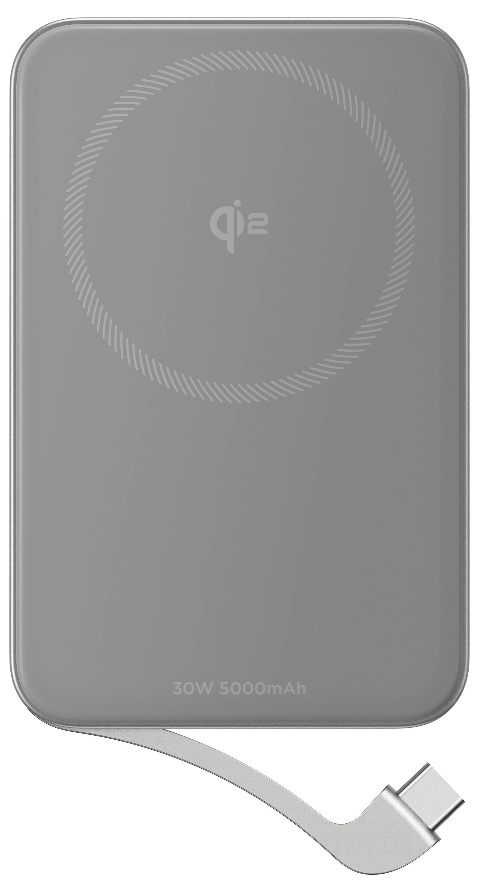 Šedá powerbanka s bezdrátovým nabíjecím symbolem 'qi2', kapacitou 5000mAh, výstupním výkonem 30W, s integrovaným USB-C kabelem.
