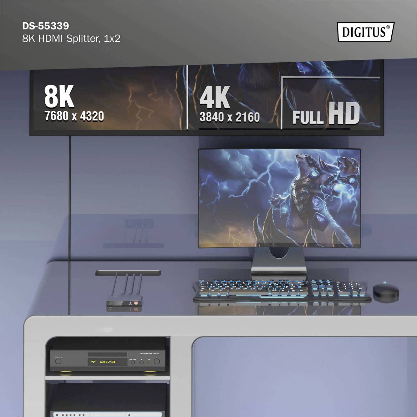 Digitus DS-55339 1 + 2 porty HDMI rozbočovač kovový ukazatel, LED ukazatel, se stavovými LED, Pro použití v interiérech -6