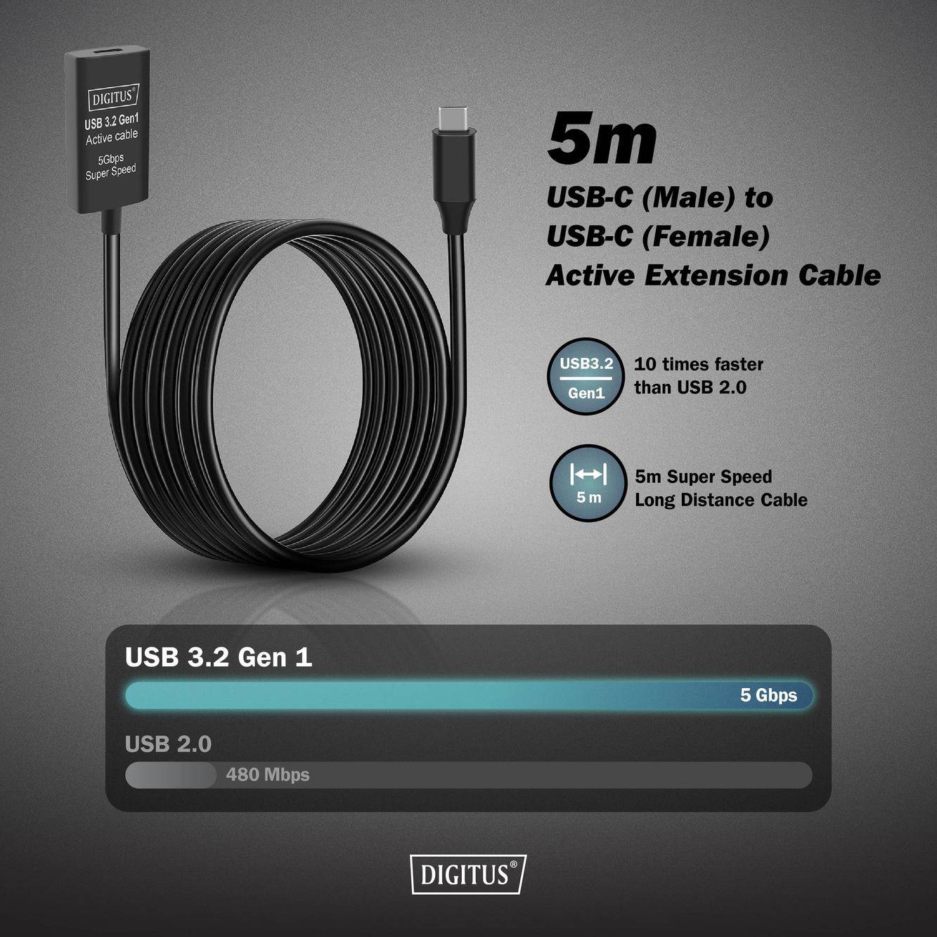 Digitus Kabel USB-C USB 3.2 Gen1, USB 3.2 Gen1, USB 3.0 USB-C®, USB-C ® zásuvka, USB-C ® zástrčka 5.00 m černá Aktivní s-3