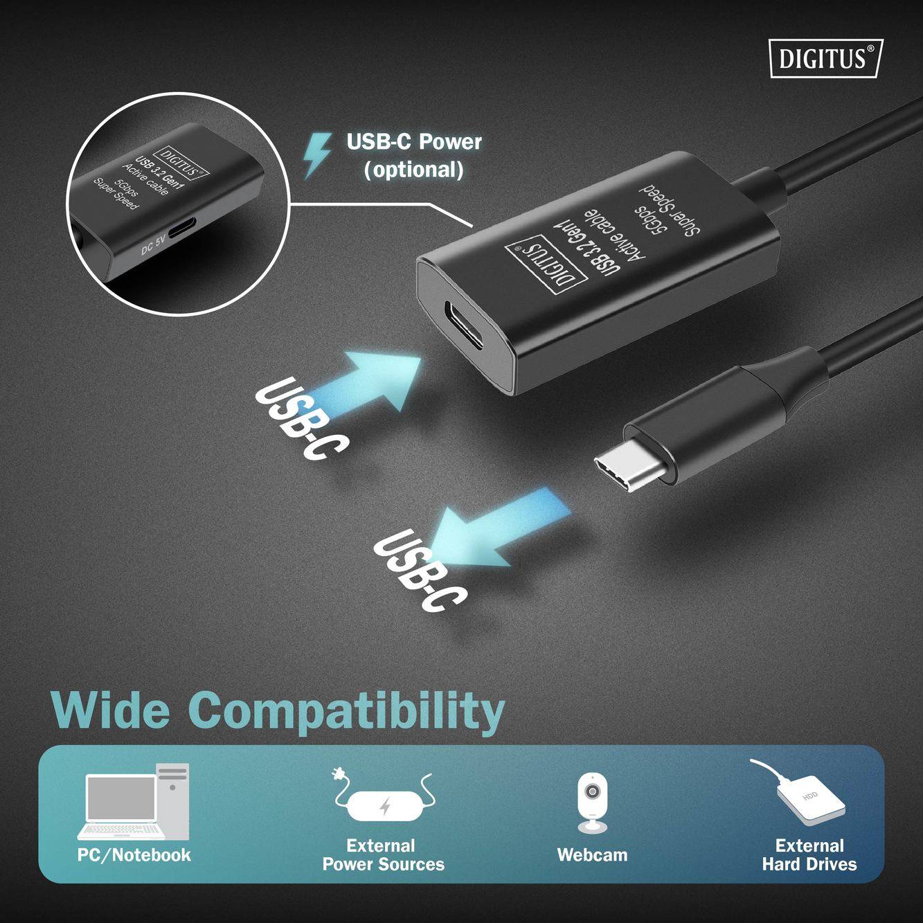Digitus Kabel USB-C USB 3.2 Gen1, USB 3.2 Gen1, USB 3.0 USB-C®, USB-C ® zásuvka, USB-C ® zástrčka 5.00 m černá Aktivní s-4