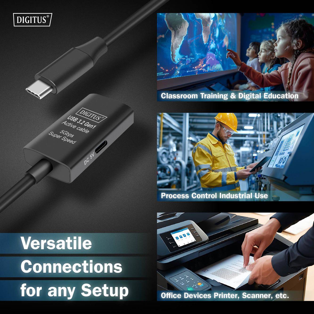 Digitus Kabel USB-C USB 3.2 Gen1, USB 3.2 Gen1, USB 3.0 USB-C®, USB-C ® zásuvka, USB-C ® zástrčka 5.00 m černá Aktivní s-5