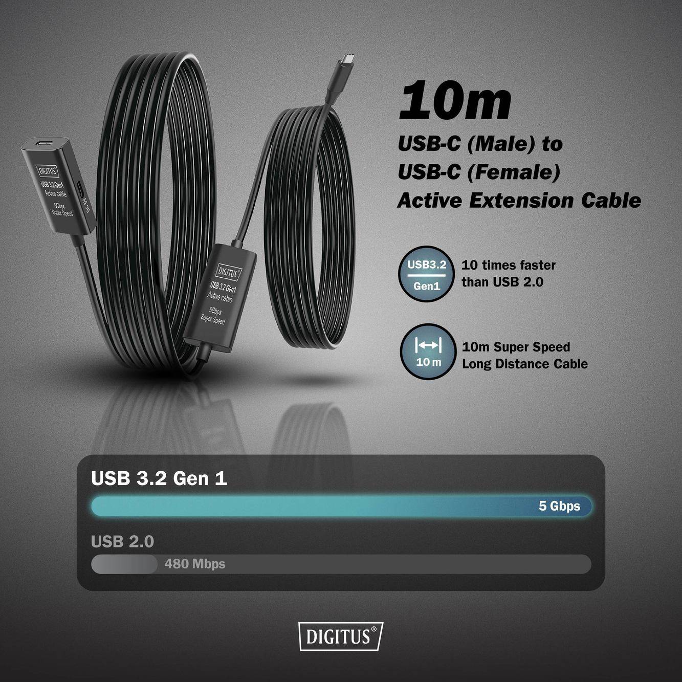 Digitus Kabel USB-C USB 3.2 Gen1, USB 3.2 Gen1, USB 3.0 USB-C®, USB-C ® zásuvka, USB-C ® zástrčka 10.00 m černá Aktivní -4