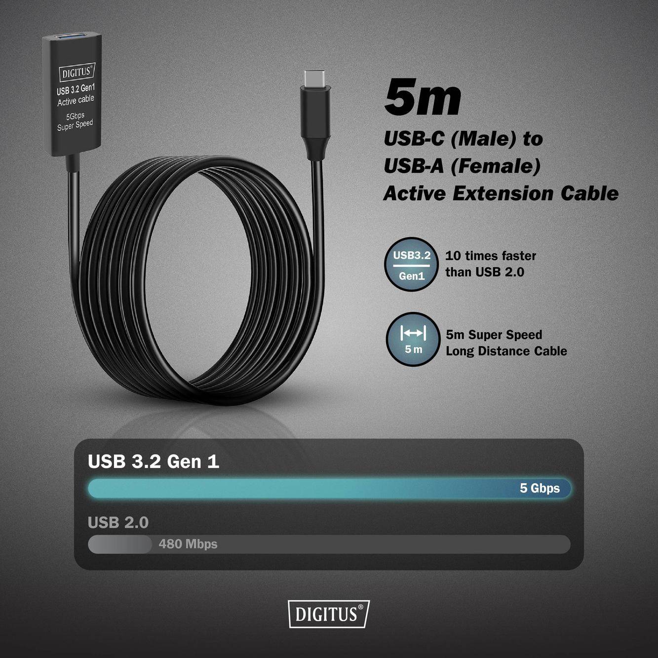 Digitus USB kabel USB 3.2 Gen1, USB 3.2 Gen1, USB 3.0 USB-C®, USB-C ® zástrčka, USB-A zásuvka 5.00 m černá Aktivní se ze-3