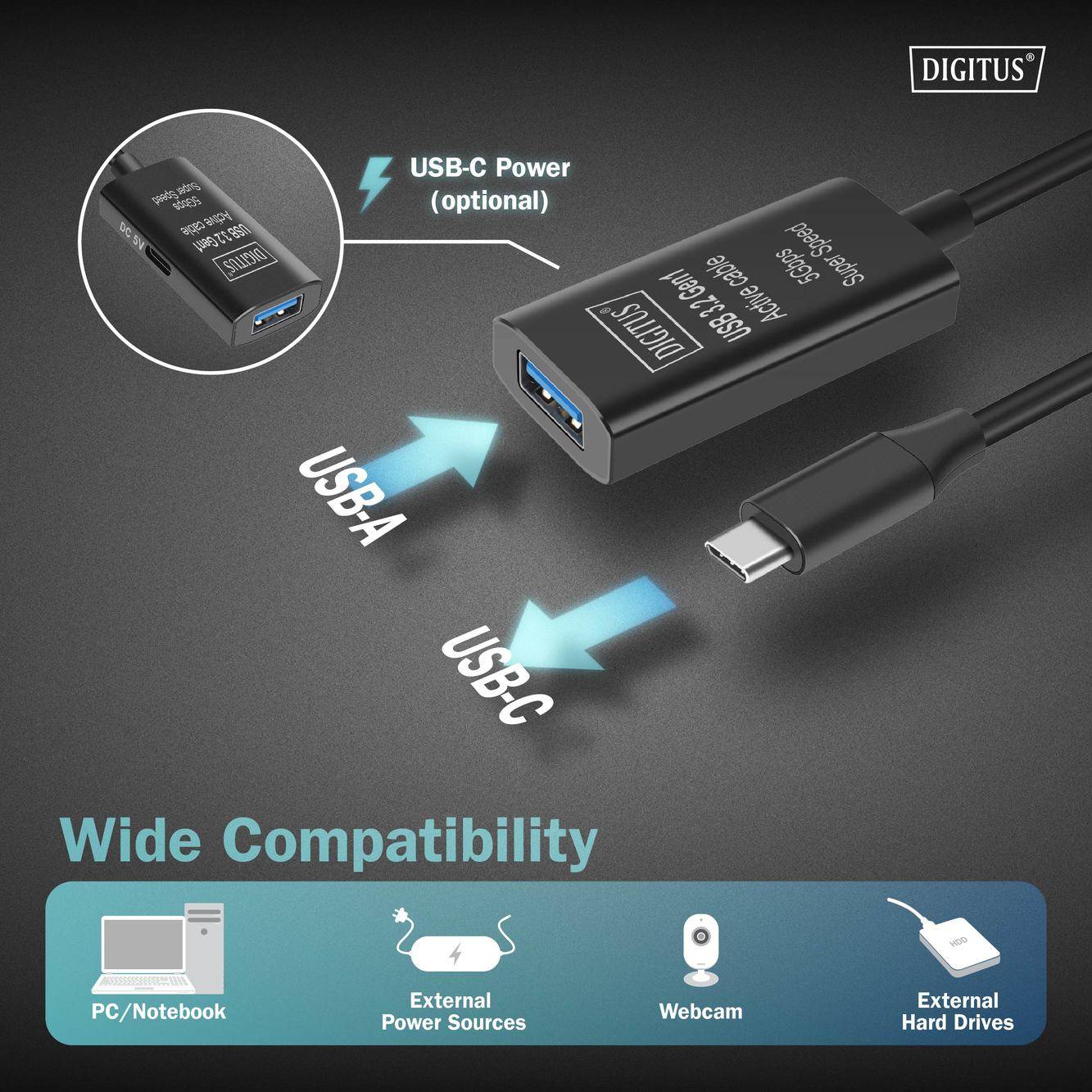 Digitus USB kabel USB 3.2 Gen1, USB 3.2 Gen1, USB 3.0 USB-C®, USB-C ® zástrčka, USB-A zásuvka 5.00 m černá Aktivní se ze-4