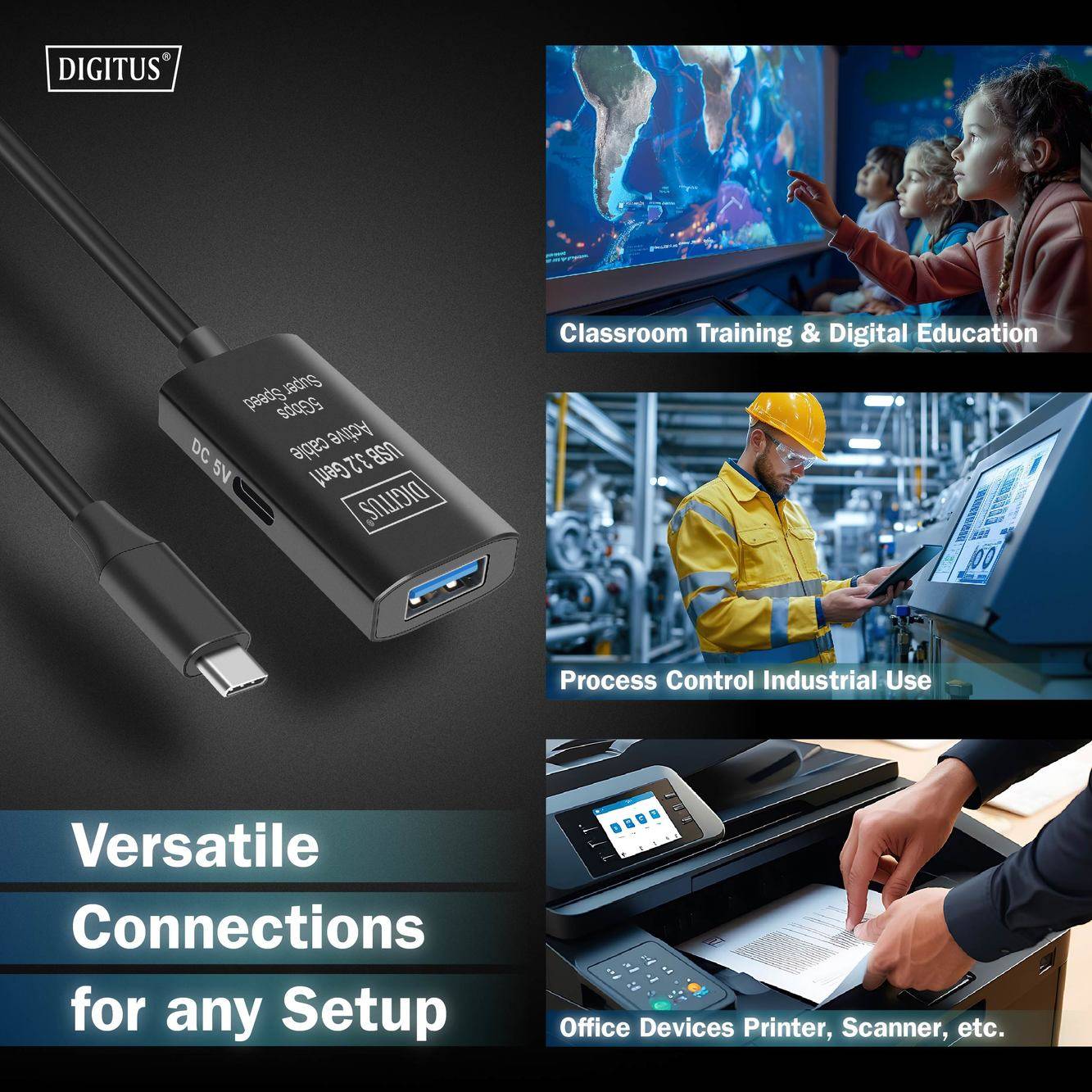 Digitus USB kabel USB 3.2 Gen1, USB 3.2 Gen1, USB 3.0 USB-C®, USB-C ® zástrčka, USB-A zásuvka 5.00 m černá Aktivní se ze-5