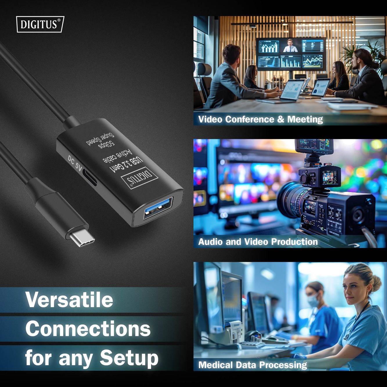 Digitus USB kabel USB 3.2 Gen1, USB 3.2 Gen1, USB 3.0 USB-C®, USB-C ® zástrčka, USB-A zásuvka 5.00 m černá Aktivní se ze-6