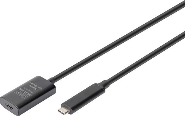 Digitus USB kabel  USB 3.2 Gen2, USB 3.2 Gen2, USB 3.2 Gen1, USB 3.2 Gen1, USB 3.1 Gen2, USB 3.1 Gen1, USB 3.0 USB-C®, USB-C ® zásuvka, USB-C ® zástrčka 5.00 m černá Aktivní se zesílením signálu, oboustranně zapojitelná zástrčka, dvoužilový stíněný, flexibilní provedení, stíněný, S průchodkou chránící proti zlomení, s USB, s prodlužovacím kabelem DA-73112