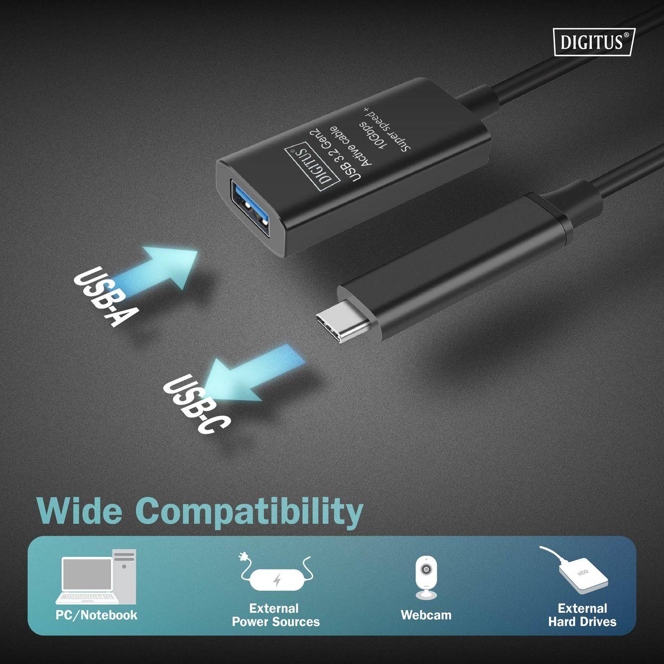 Digitus USB kabel USB 3.2 Gen2, USB 3.2 Gen2, USB 3.2 Gen1, USB 3.2 Gen1, USB 3.1 Gen2, USB 3.1 Gen1, USB 3.0 USB-C®, US-3