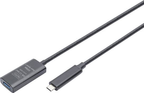 Digitus USB kabel  USB 3.2 Gen2, USB 3.2 Gen2, USB 3.2 Gen1, USB 3.2 Gen1, USB 3.1 Gen2, USB 3.1 Gen1, USB 3.0 USB-C®, USB-C ® zástrčka, USB-A zásuvka 5.00 m černá Aktivní se zesílením signálu, oboustranně zapojitelná zástrčka, dvoužilový stíněný, flexibilní provedení, stíněný, S průchodkou chránící proti zlomení, s USB, s prodlužovacím kabelem DA-73113