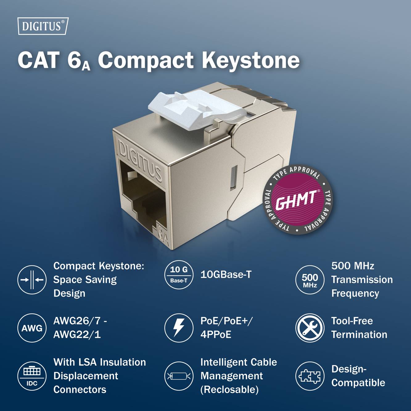 CAT 6A keystonový modul od Digustu s kompaktním designem, montáží bez nástrojů a přenosovou frekvencí 500 MHz. Podporuje PoE/PoE+.