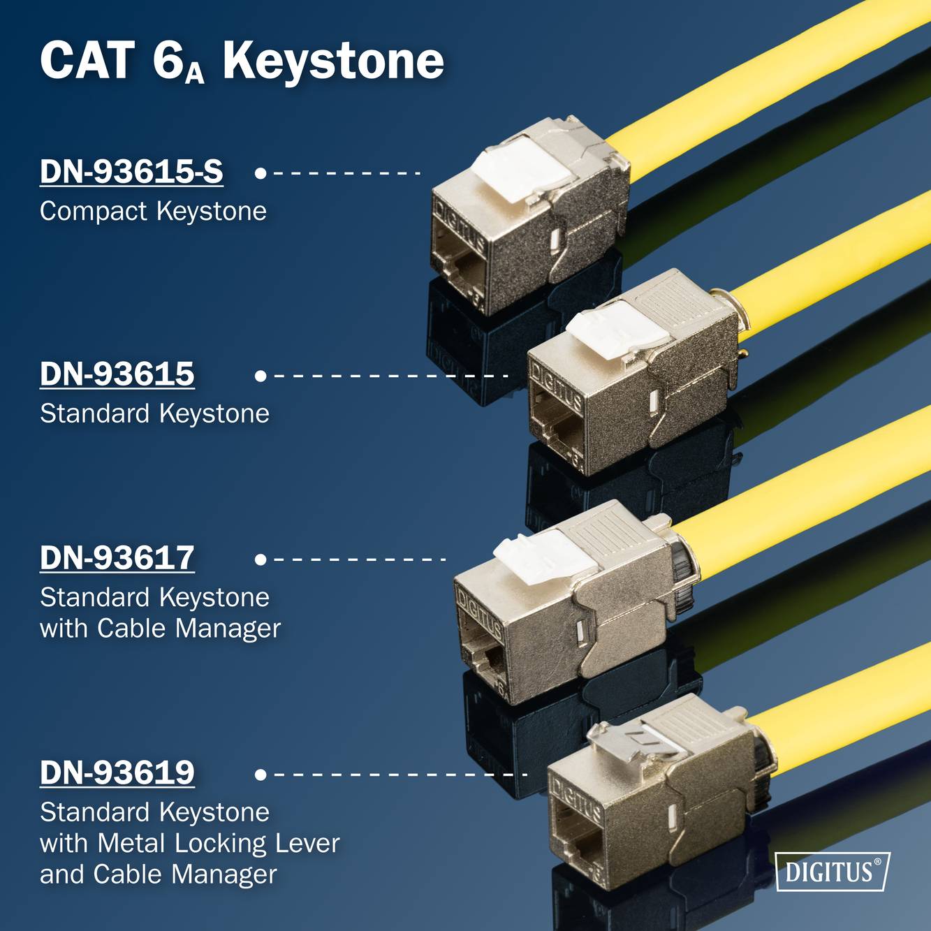 CAT 6A keystonové konektory na modrém pozadí. Varianty s kovovým páčkovým mechanismem, kabelovým managementem a standardním připojením. Označení: 'DIGITUS'.