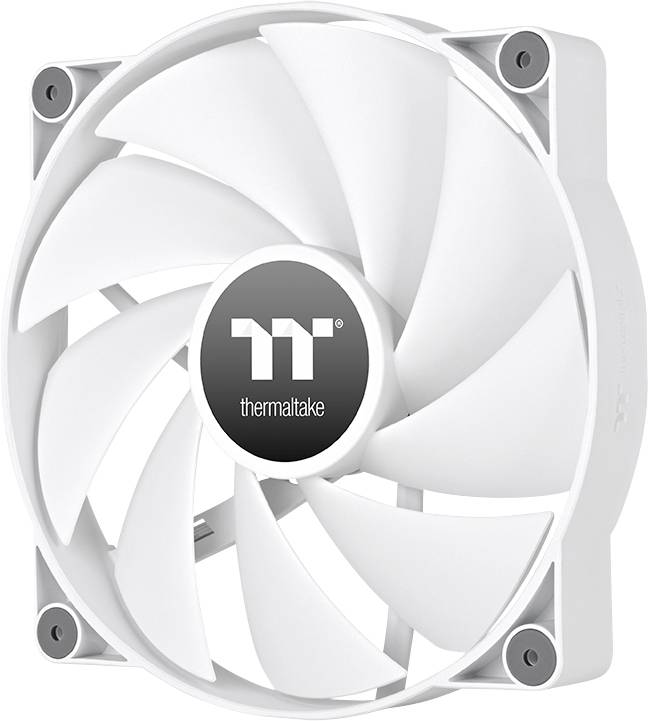 Bílý počítačový ventilátor s šedým logem Thermaltake uprostřed, namontovaný v čtvercovém krytu. Primárně používaný pro chlazení.