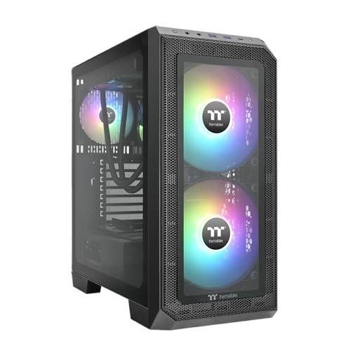 Herní počítač s průhledným krytem, dvěma svítícími ventilátory vpředu a jedním ventilátorem uvnitř. Moderní design s RGB podsvícením.