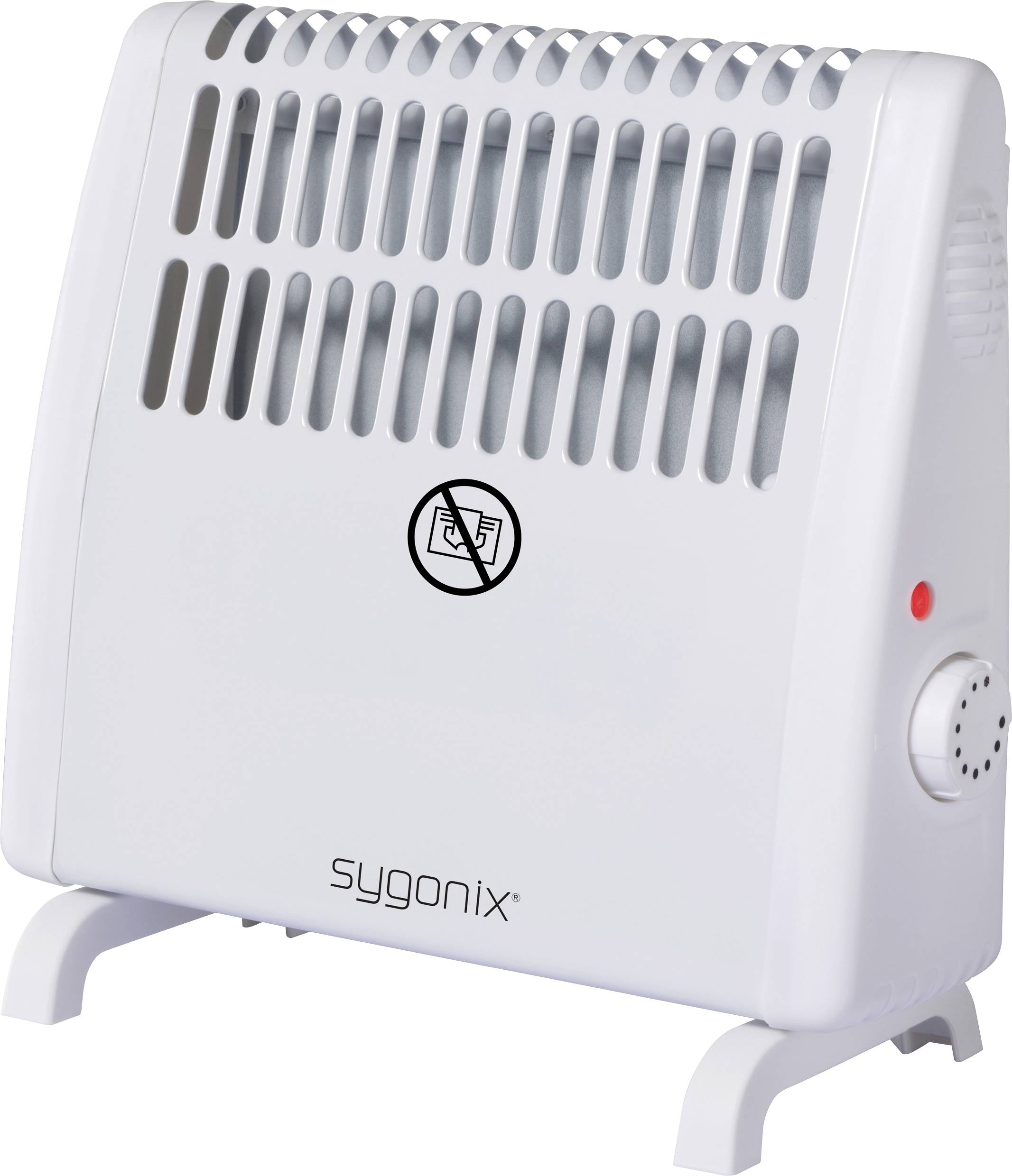Bílý teplovzdušný ventilátor s mřížkovým vzorem, otočným regulátorem na straně a výstražným symbolem na přední straně.