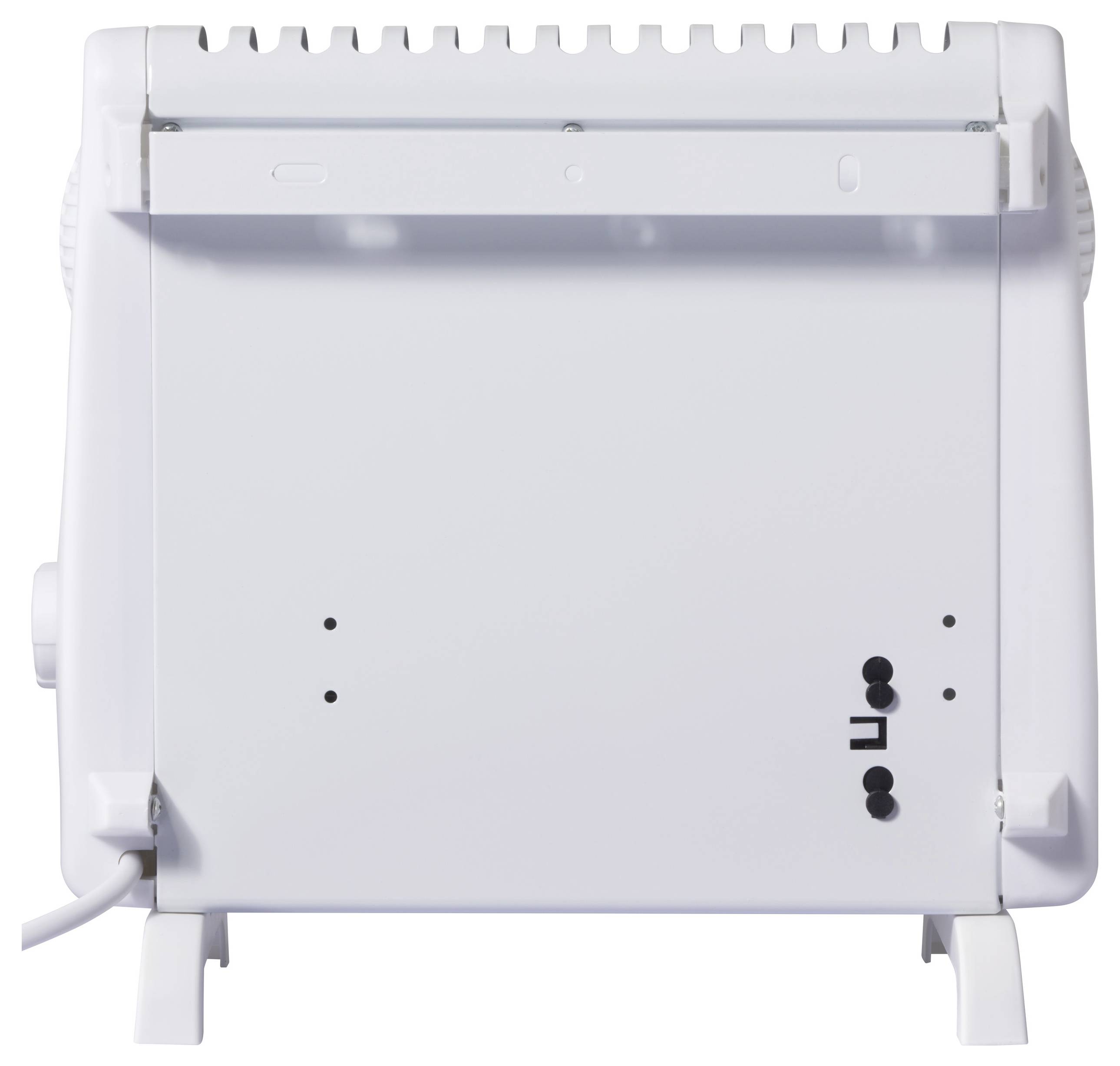Elektrický topný konvektor zezadu, ukazuje montážní držáky a ventilační otvory.
