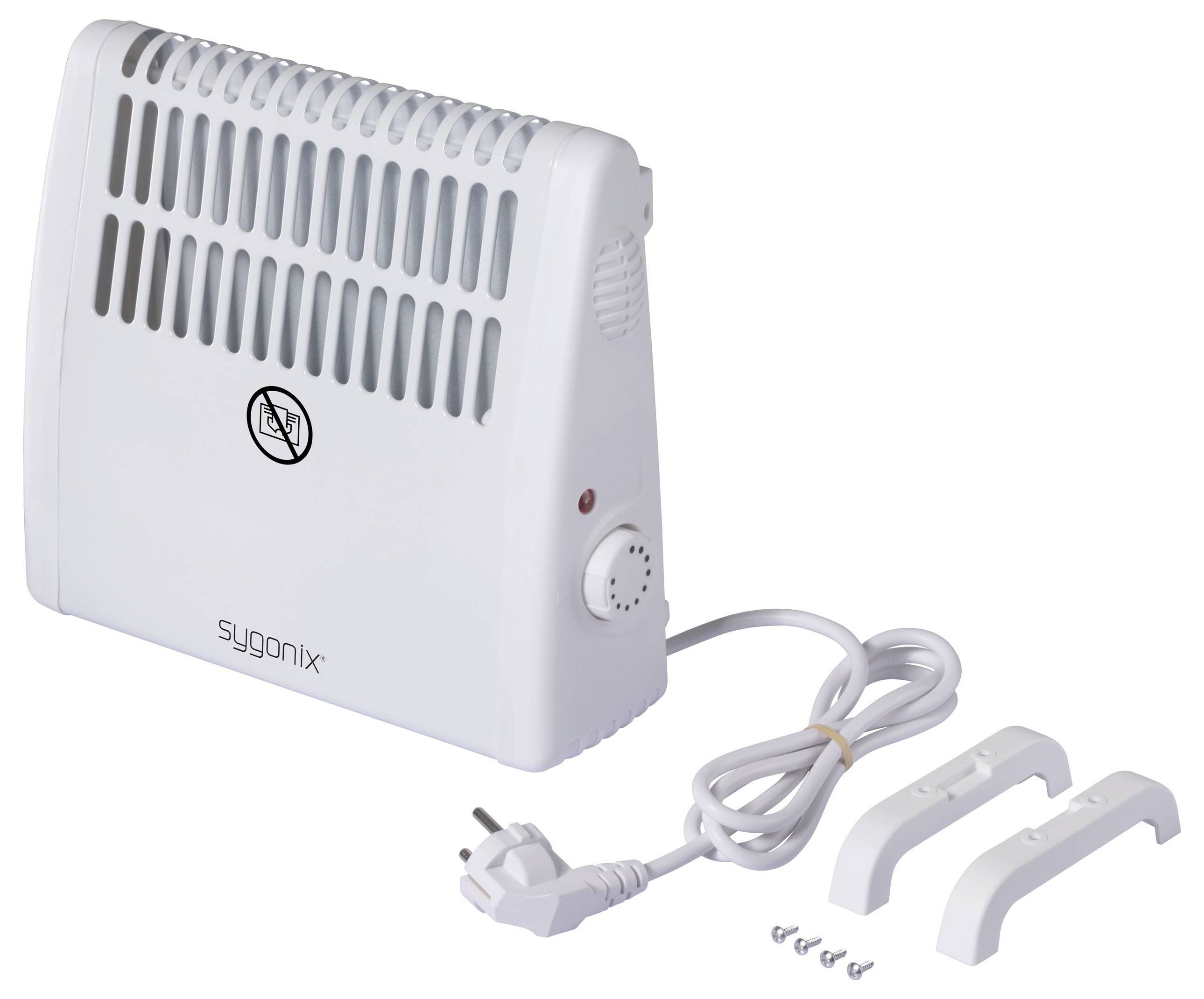 Bílý, přenosný teplovzdušný ventilátor značky sygonix s otočným regulátorem a napájecím kabelem. V balení jsou obsaženy dva držáky a šrouby.