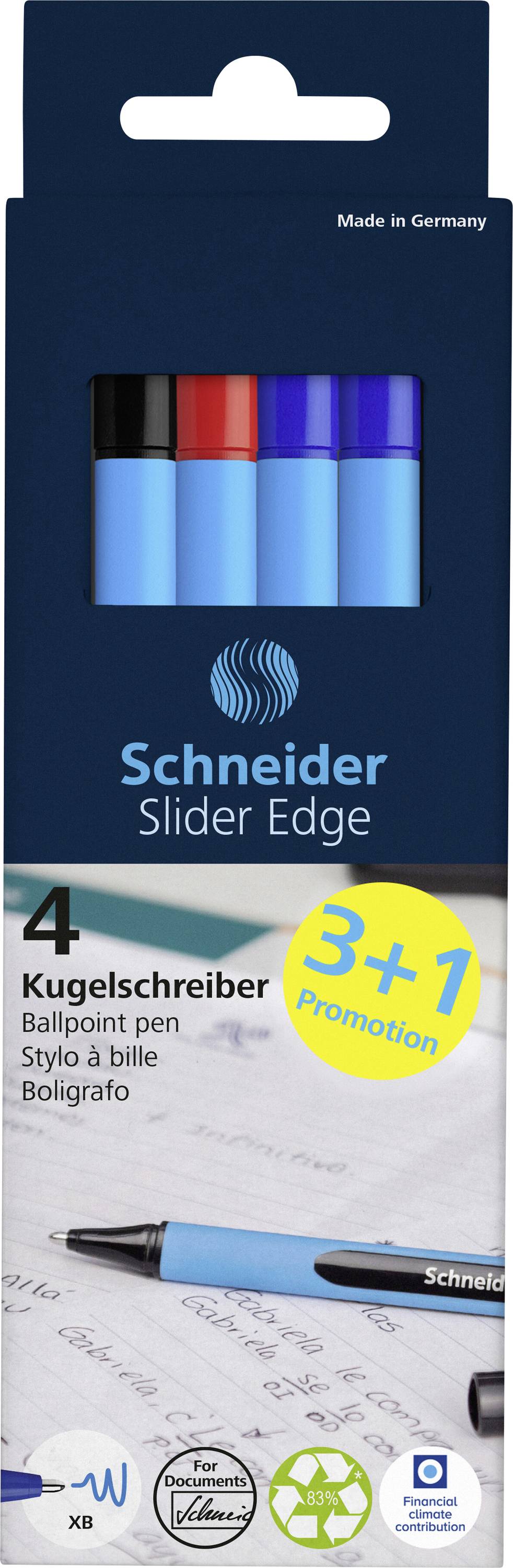 Balení kuliček 'Schneider Slider Edge' se čtyřmi peru v různých barvách a poznámkou '3+1 akce'.