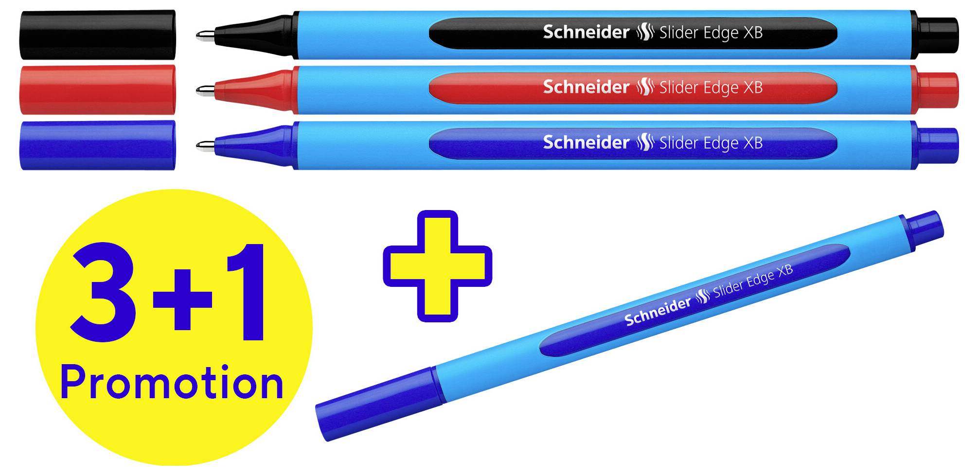 Tři černé, červené a modré propisky s nápisem 'Schneider Slider Edge XB'. Nabídka: '3+1 Akce', jeden dodatečný modrý fix.