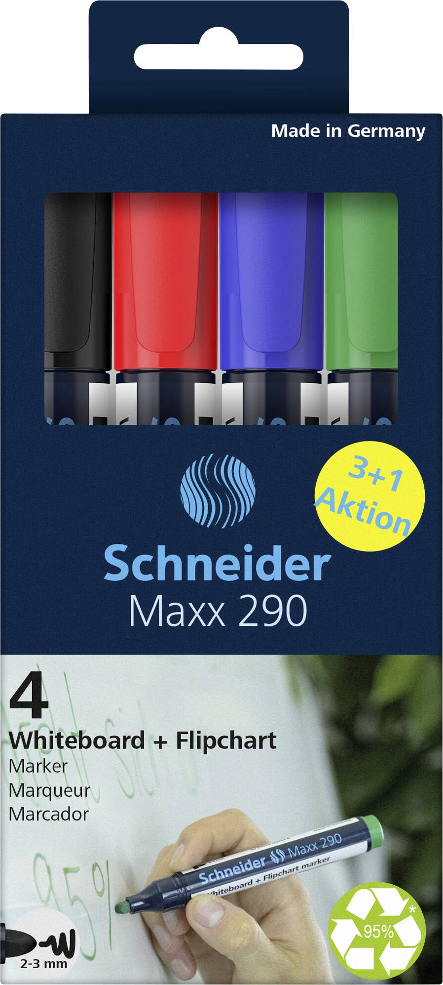 Čtyři popisovače Schneider Maxx 290 na whiteboard a flipchart v barvách černá, červená, modrá a zelená, balené.