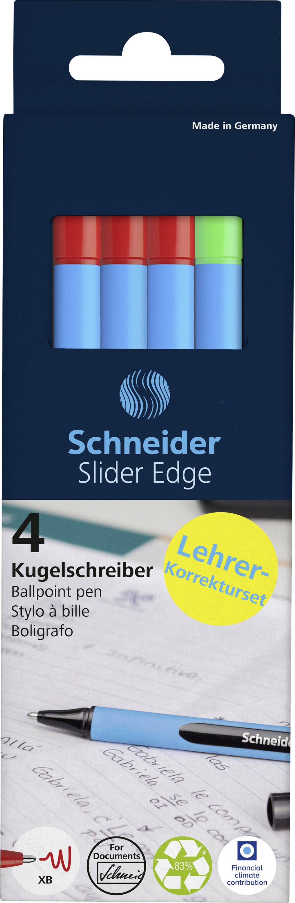 Balení pro sadu opravných per Schneider Slider Edge pro učitele, obsahuje čtyři pera v barvách červená, modrá, zelená.