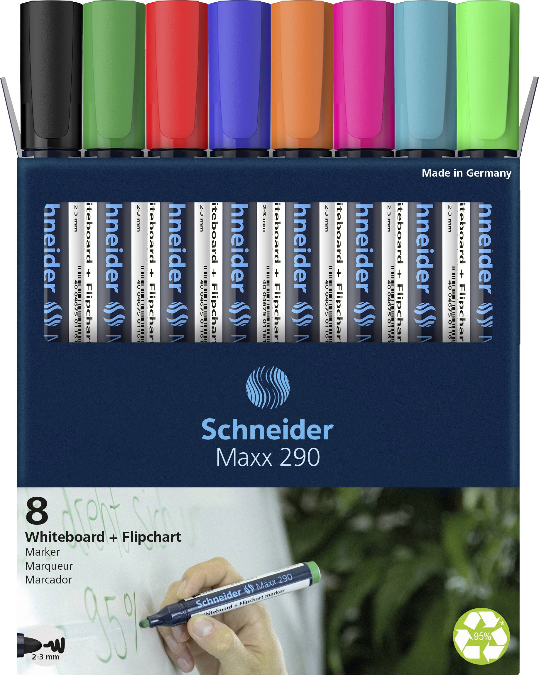 Černé, červené, modré, zelené, oranžové, fialové, růžové a tyrkysové popisovače Schneider Maxx 290, 'Vyrobeno v Německu'.