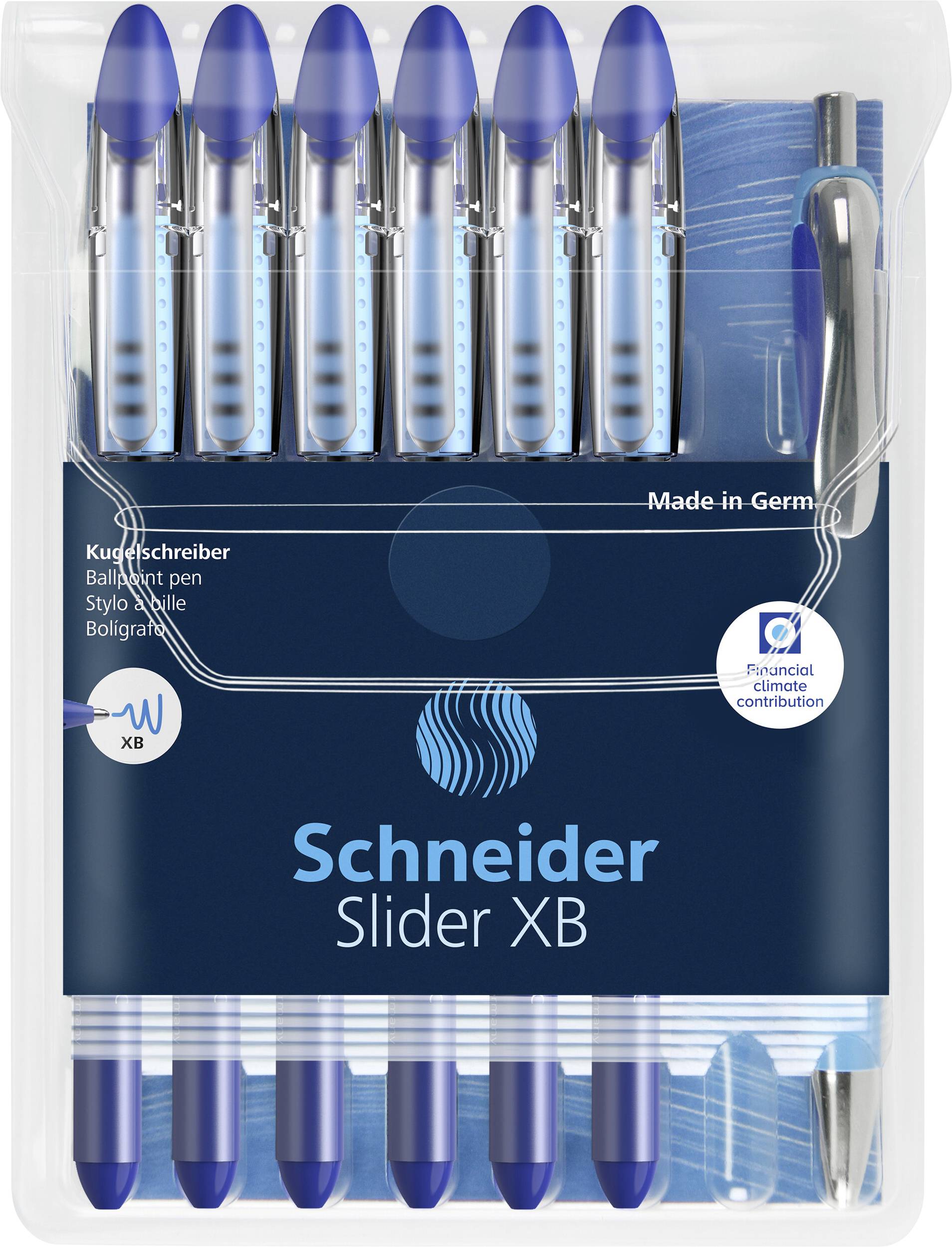 Sada pěti modrých kuličkových per značky Schneider, model Slider XB, zabalená v průhledném plastovém obalu, 'Vyrobeno v Německu'.
