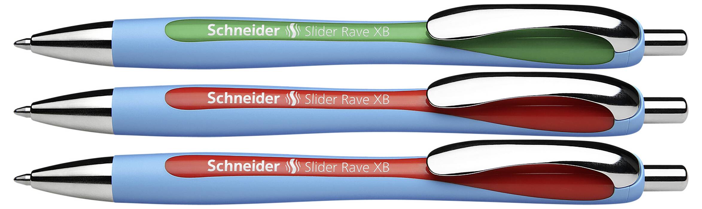 Tři kuličkové pero s modrými těly a sponkami v různých barvách: zelené a červené. Značka 'Schneider Slider Rave XB' je viditelná.