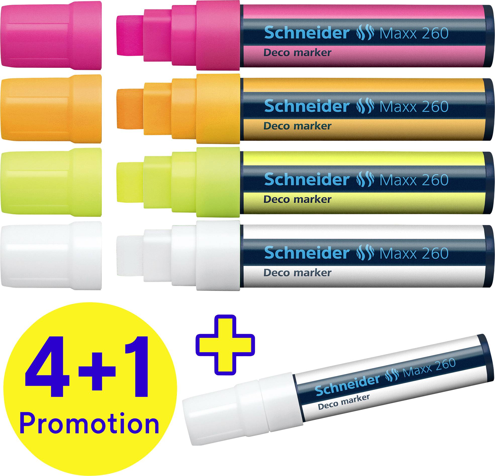 Pět barevných dekorativních fixů v neonově žluté, oranžové, růžové, žluté a bílé. Nápis "Schneider Maxx 260" a "4+1 Promotion".