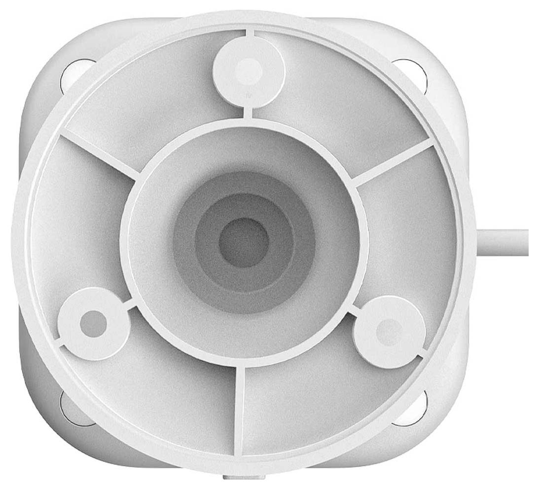 Obrázek zobrazuje zadní stranu bílé webové kamery s kruhovými a radiálními vzory.