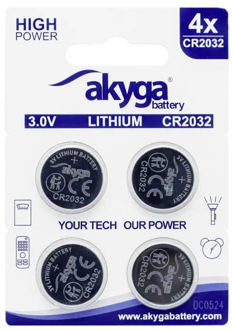 Čtyři lithiové knoflíkové baterie CR2032, 3,0V, v kartonu s označením 'akgya'. Vhodné pro různá elektronická zařízení.