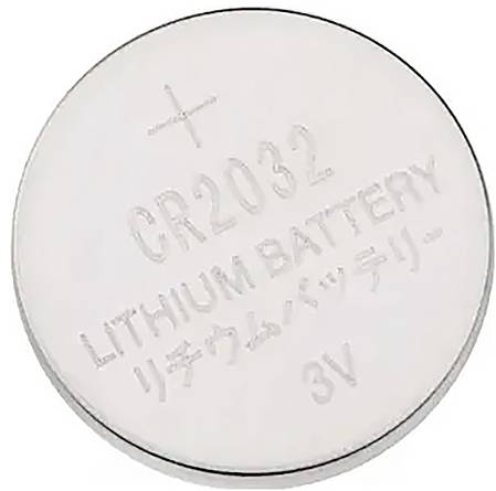 Kulatá stříbrná knoflíková baterie s nápisem 'CR2032 LITHIUM BATTERY 3V'. Vhodná pro malá elektronická zařízení.