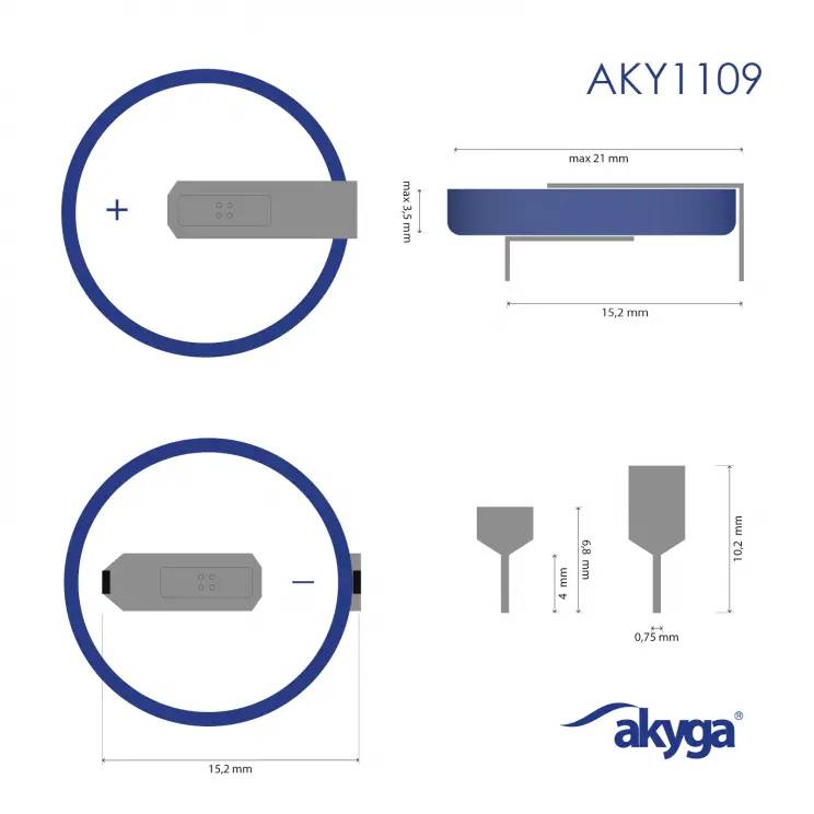 'Taste' a 'NFC Tag' je zobrazen na produktu o rozměrech 15,2 mm a 21 mm. Boční a horní pohled loga AKY1109 je umístěn dole vpravo.