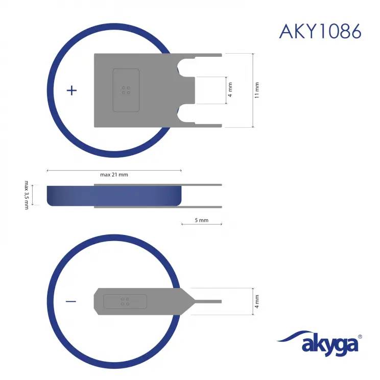 Specifikace adaptéru 'AKY1086': Boční pohled ukazuje ploché provedení, maximálně 21 mm dlouhé, 5 mm tlusté. Nahoře symbol '+' a měřicí údaje. Logo Akyga dole vpravo.